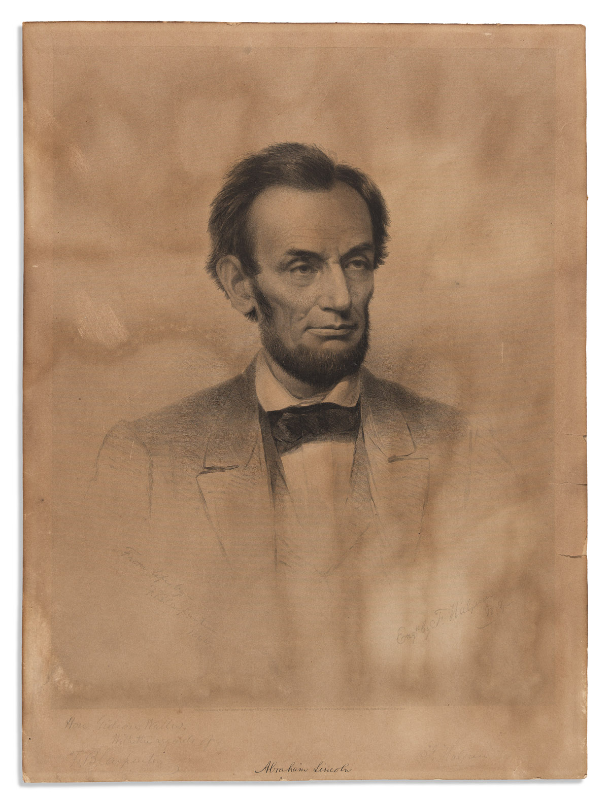 (GIDEON WELLES.) Frederick Halpin, engraver; after Carpenter. Engraved portrait of Lincoln, inscribed by the artist to Gideon Welles.